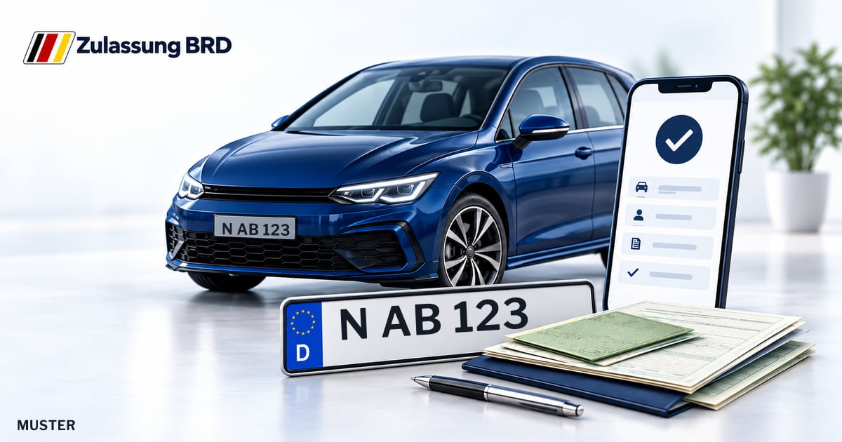 Online Fahrzeugzulassung in Feucht: Musterkennzeichen N AB 123, Auto und Fahrzeugpapiere und Smartphone. Illustration mit Logo von Zulassung BRD.